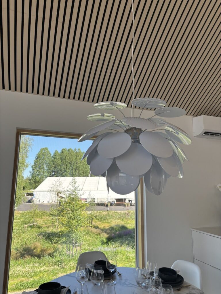 valkoinen pyöreä kattovalaisin ruokailuryhmän yläpuolella